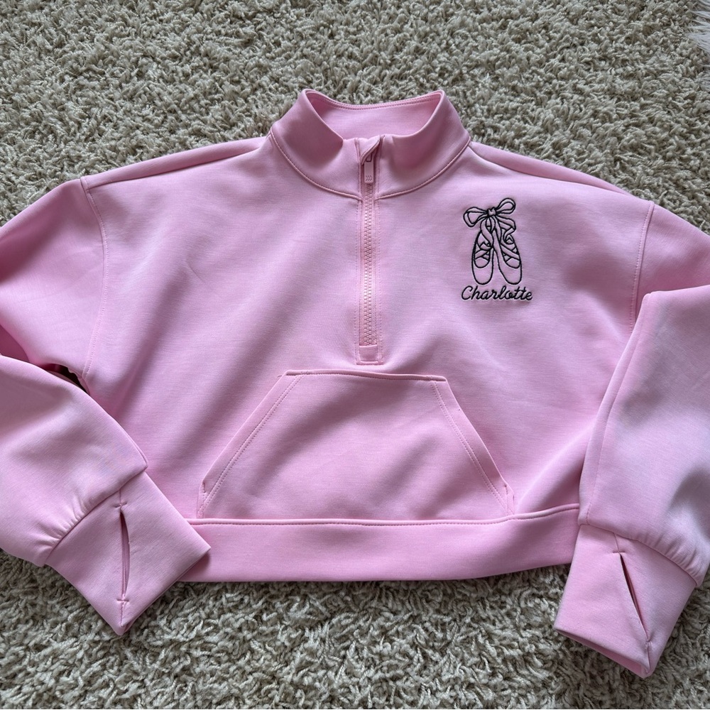 “Charlotte” Pink Zip-Up with Ballet Embroidery